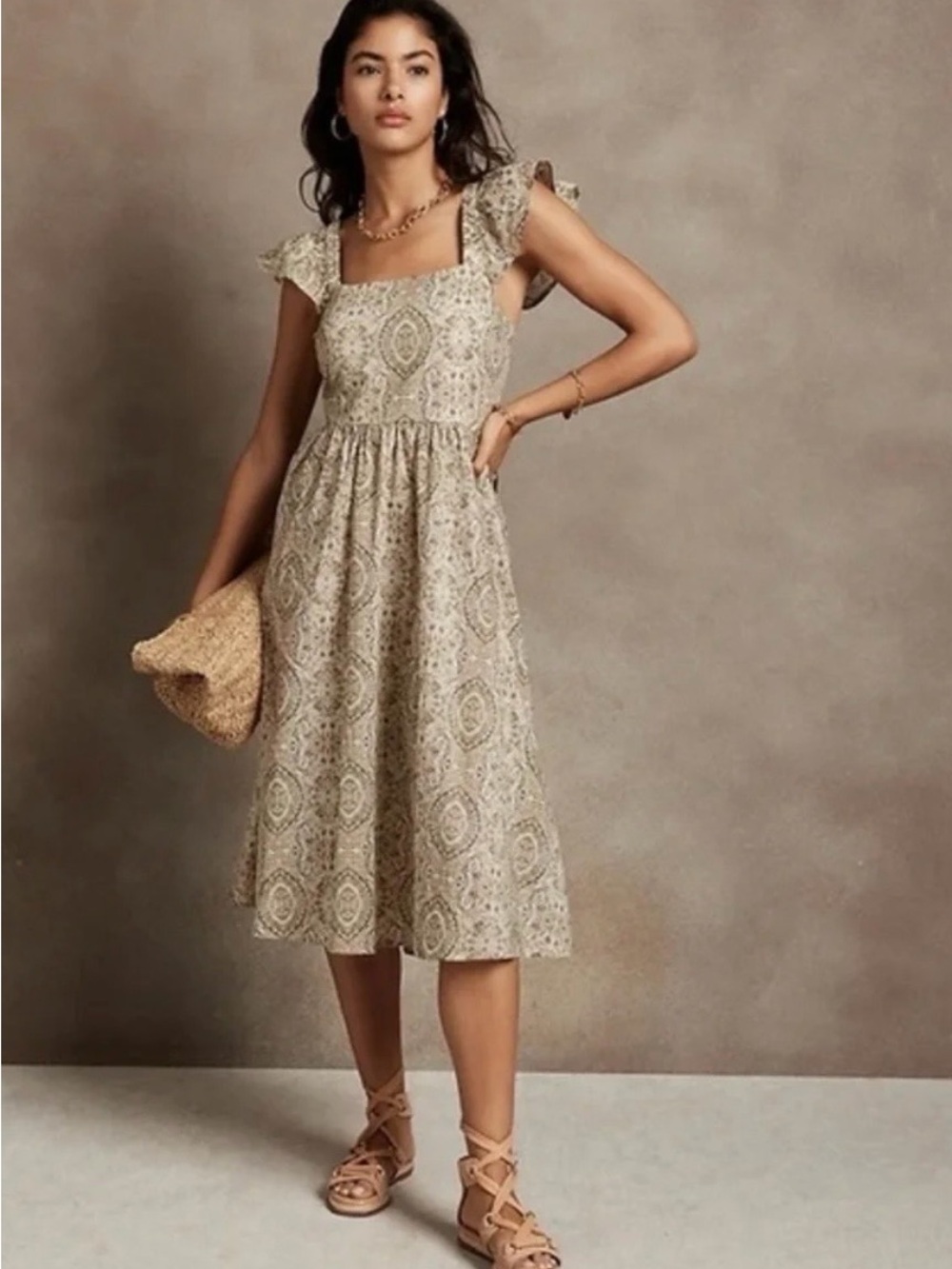 Banana Republic Beige Paisley Square-Neck Midi Dress